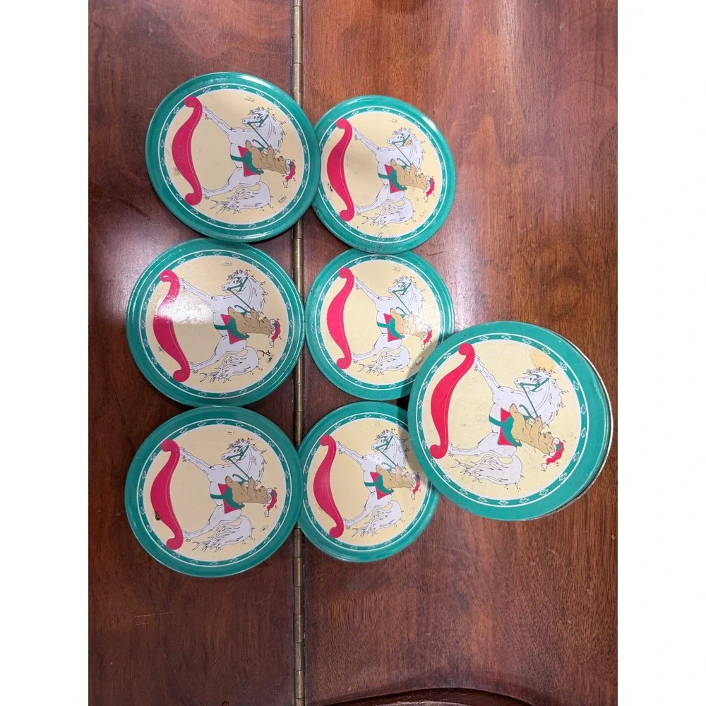 Vintage 90s Christmas Teddy Bear Rocking Horse Metal Coasters with Tin Set of 6